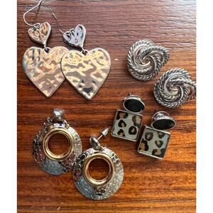 Silver tone earring bundle 4 pair vintage modern mix hearts hoops knots animal